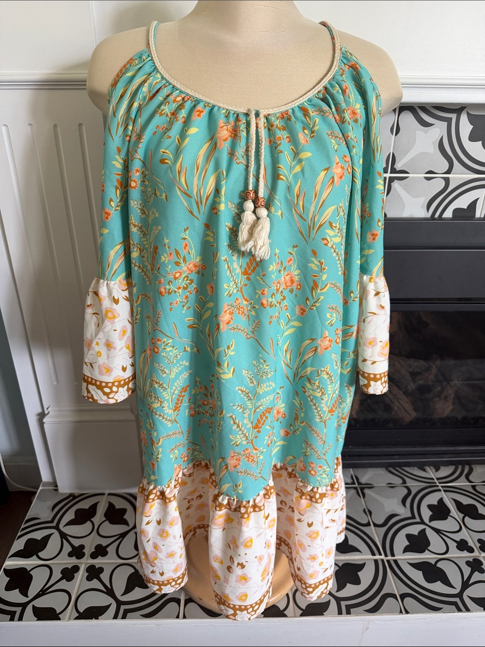 cleo Turquoise and Coral Floral Cold Shoulder Dress
